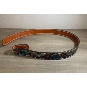 Vintage Tooled Cowhide Leather Belt Eagle/Floral Teal 26 Waist